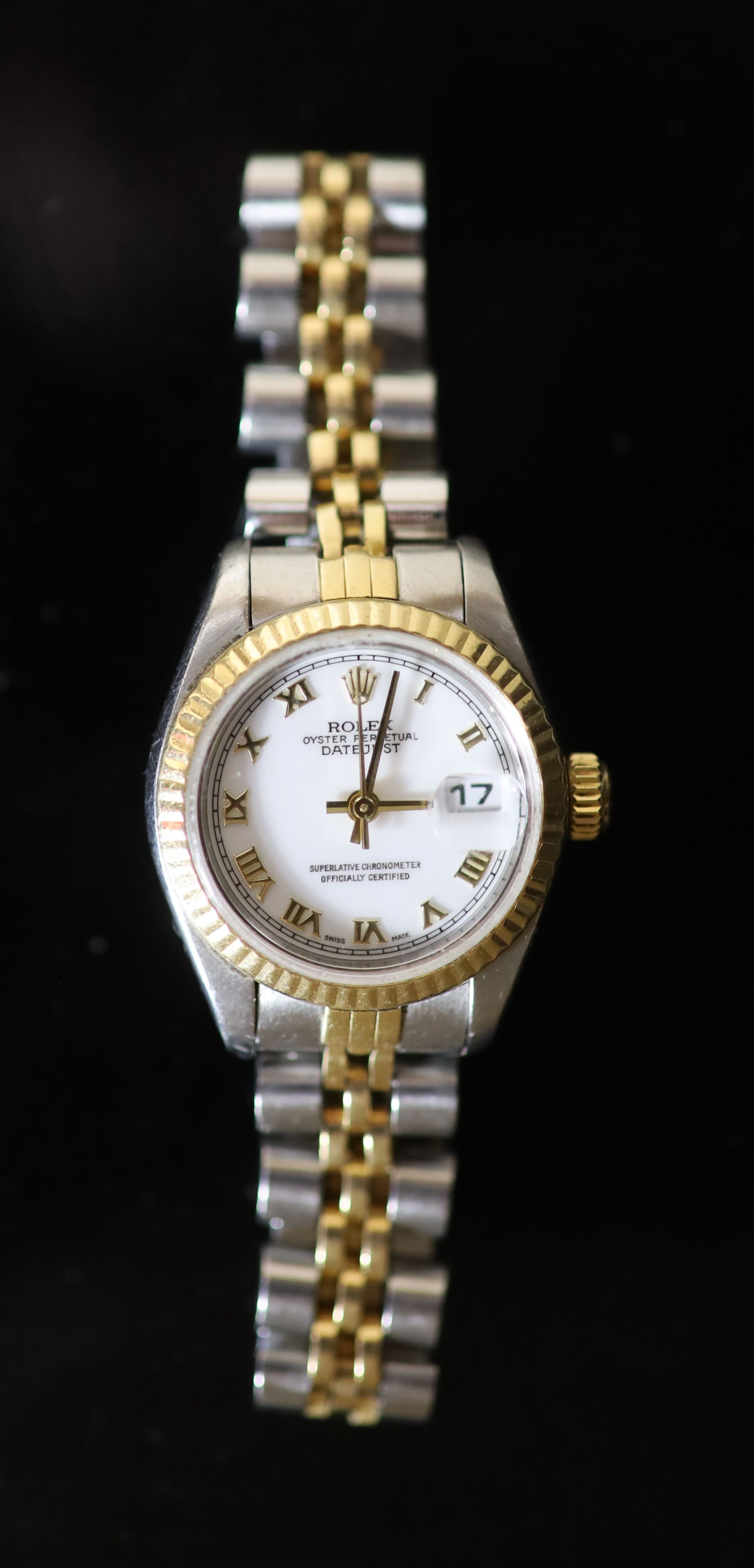 A ladys early 1990s steel and gold Rolex Oyster Perpetual Datejust wrist watch, on a steel and gold Rolex bracelet,